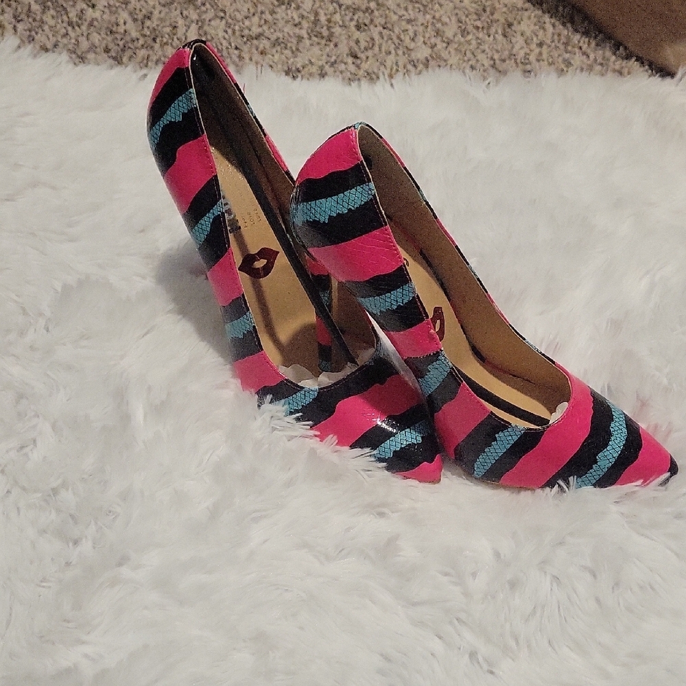 Stylish Pink and Black Striped Women's Heels